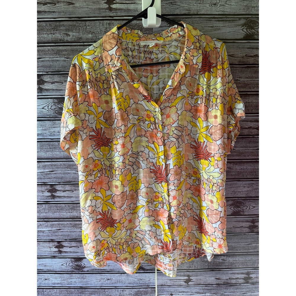Jane + Delancey Womens XL Yellow Orange Floral Rayon Short Sleeve Button Up Top
